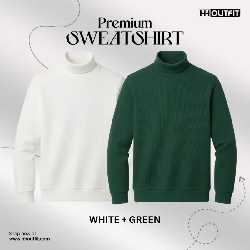 PREMIUM HIGH NECK SWEATSHIRT WHITE + GREEN